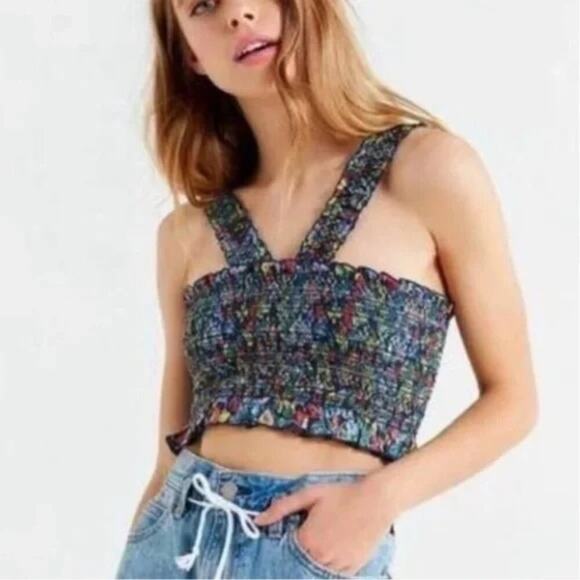 UO Out From Under Floral Smocked Cropped Tank Top - Picture 1 of 6
